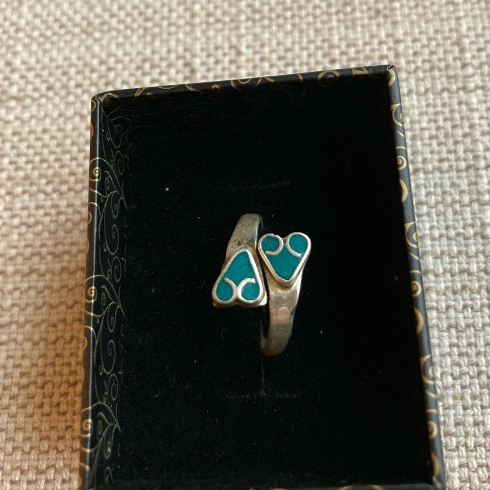 Vintage silver ring, inlaid turquoise, two hearts shape, adjustable